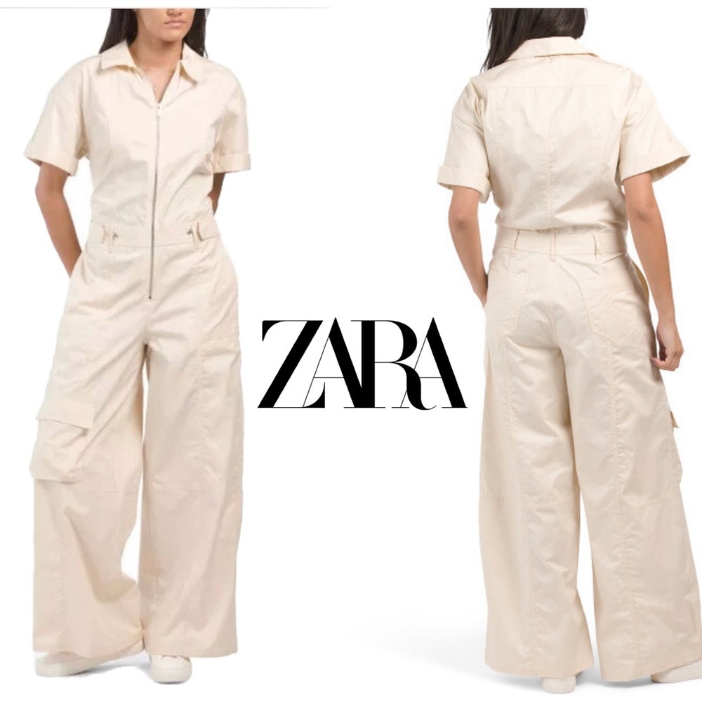 Zara cream short sleeve cargo wide leg jumpsuit Sz S pockets front zip NWOT